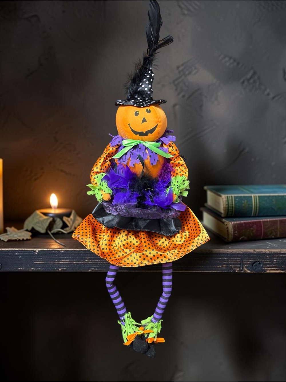 Handmade Halloween Pumpkin Witch Vintage Shelf Decor Spooky Black Orange Purple